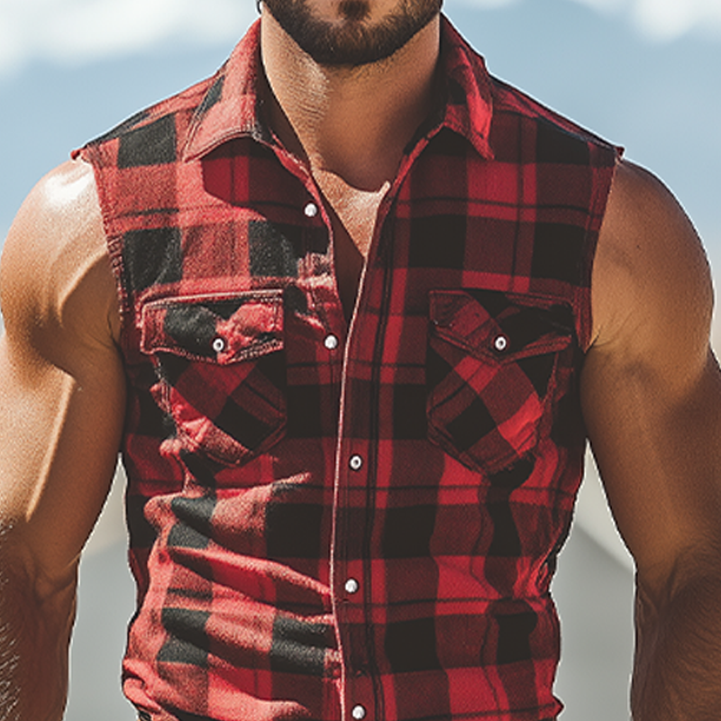 Men's Summer Casual Retro Western Denim Plaid Cotton Blended Sleeveless Shirt MTA2864D4K