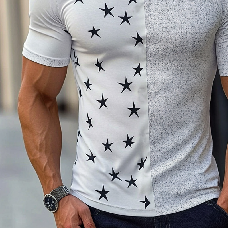 Men's Round Neck Patchwork Printed Cotton Blend Short-sleeved T-shirt MTA2452G1X