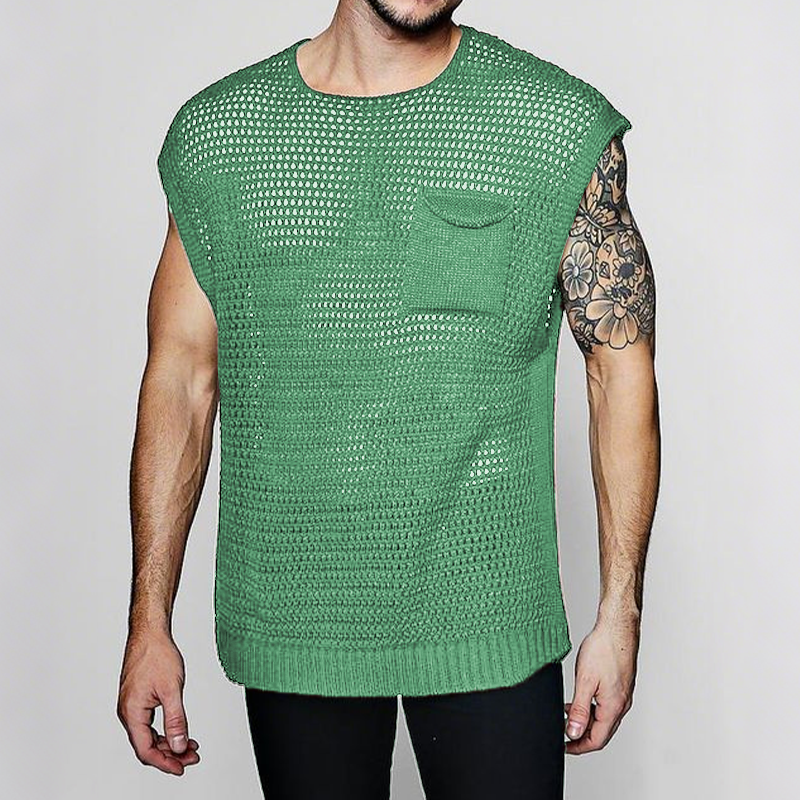 Men's Spring And Summer Fashion Casual Hollow Knitted Round Neck Pocket Tank Top MTA0444G2K