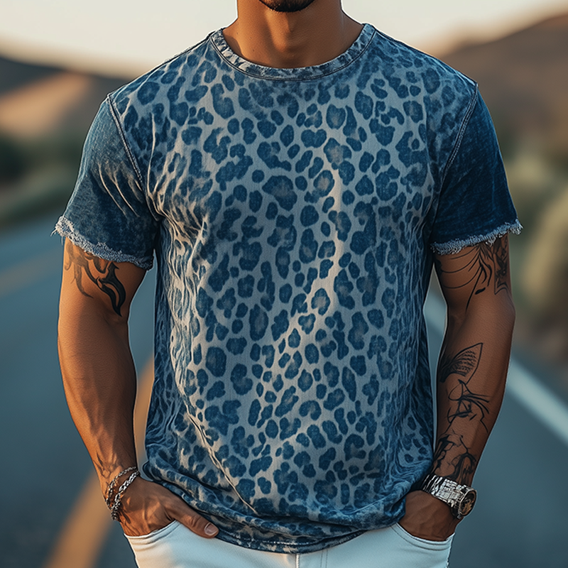 Klassisk herre-T-skjorte i denim med jacquardmønster og leopardprint, retro i western-cowboystil MTA0855E4K
