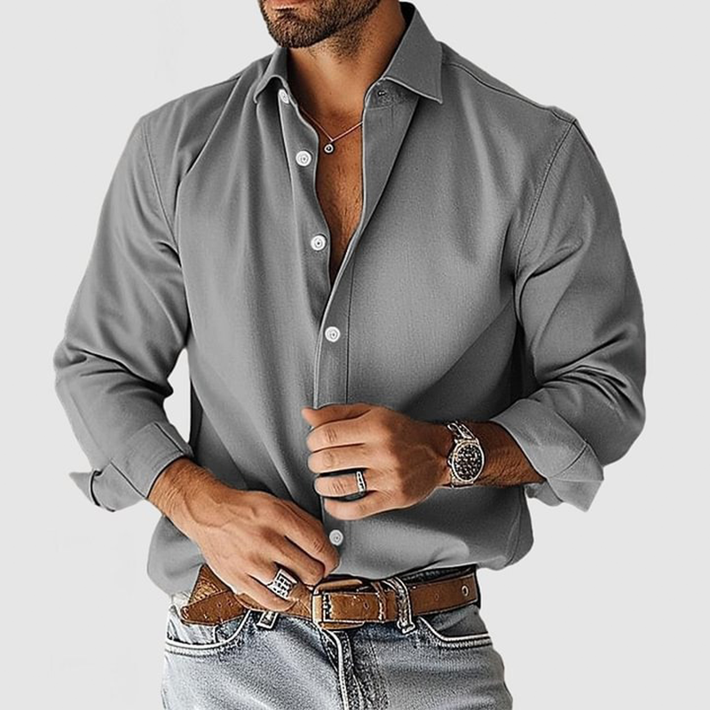 Men's Solid Color Cotton Blend Lapel Long Sleeve Shirt MTA1924I1X
