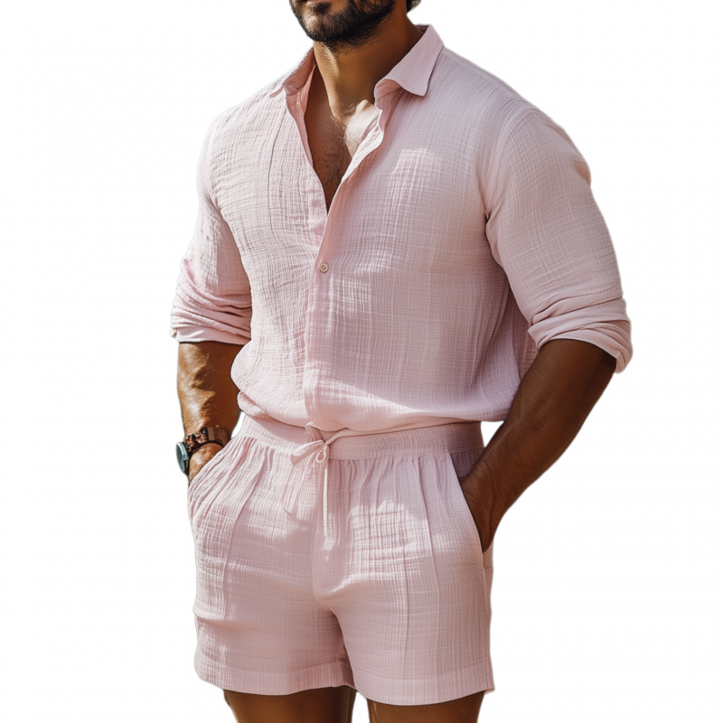 Men's Casual Breathable Pleated Cotton Linen Lapel Long-sleeved Shirt Elastic Waist Shorts Holiday Set MTA1399F2M
