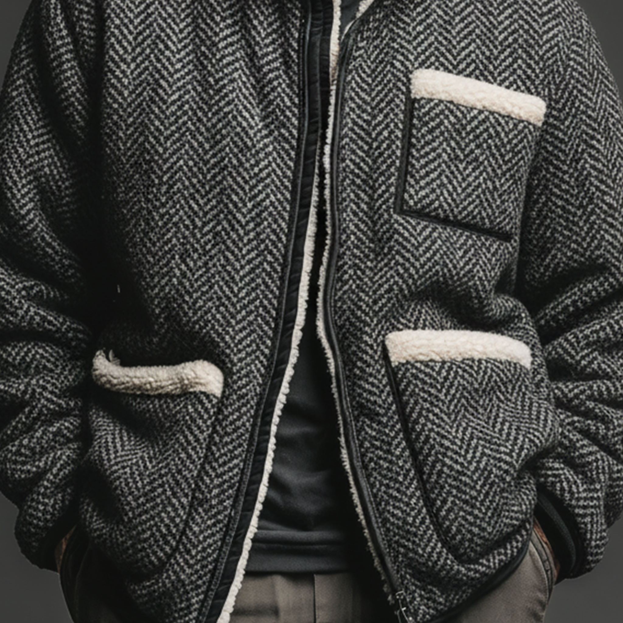 Men's Classic Casual Stand-up Collar Lambswool Lining Zipper Faux Herringbone Wool Jacket MTA2075J8K