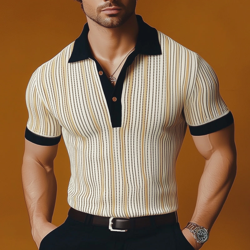 Men's Summer Classic Vertical Striped Knitted Polo Neck T-Shirt MTA0724E5U