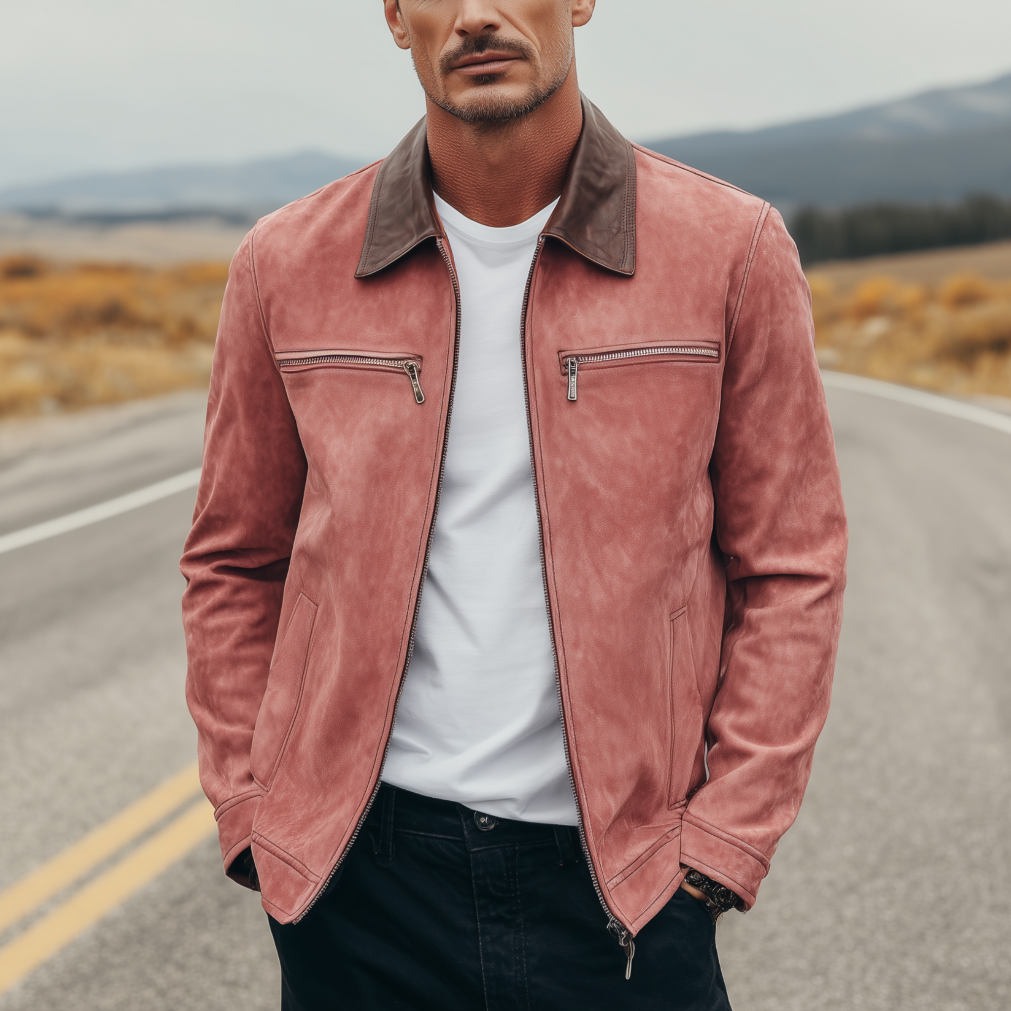 Men's Classic American Casual PU Leather Lapel Pink Suede Zipper Jacket MTA1870H9K