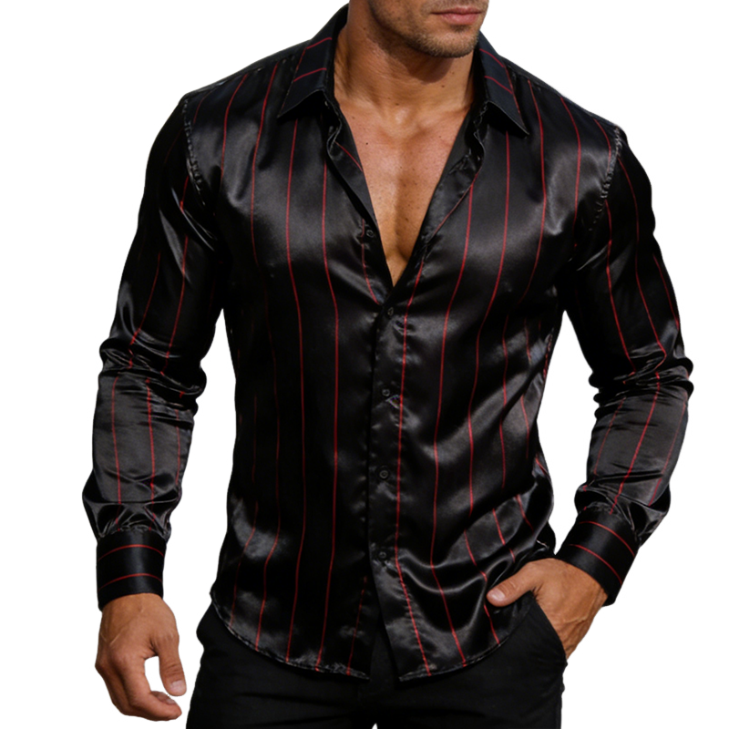 Men's Retro Casual Striped Satin Lapel Button-Up Long Sleeve Shirt MTZ0524A4TO