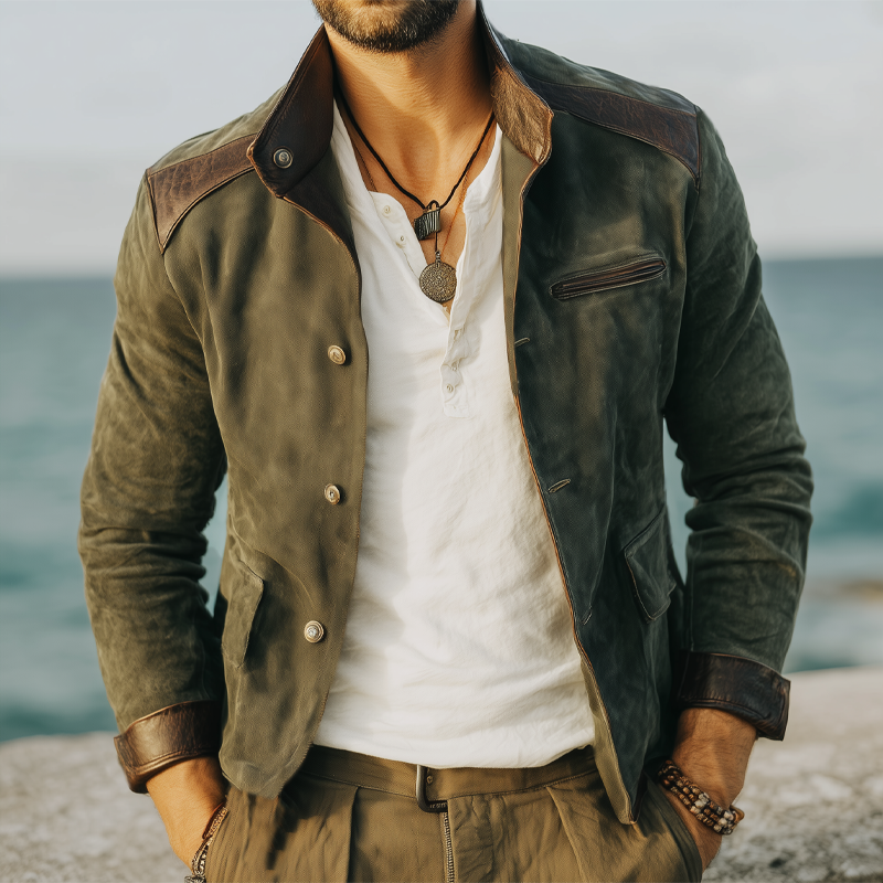 Men's Vintage Stand Collar Suede Button Leather Stitching Jacket MTA0679H0U