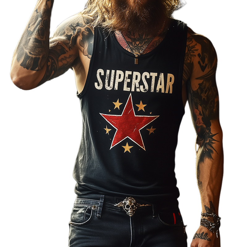 Men's Retro "SUPERSTAR" Print Casual Crew Neck Tank Top 06739045TO