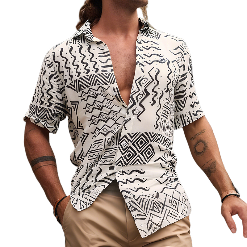 Men's Retro Casual Ethnic Style Geometric Print Lapel Short Sleeve T-shirt MTA2164G6TO