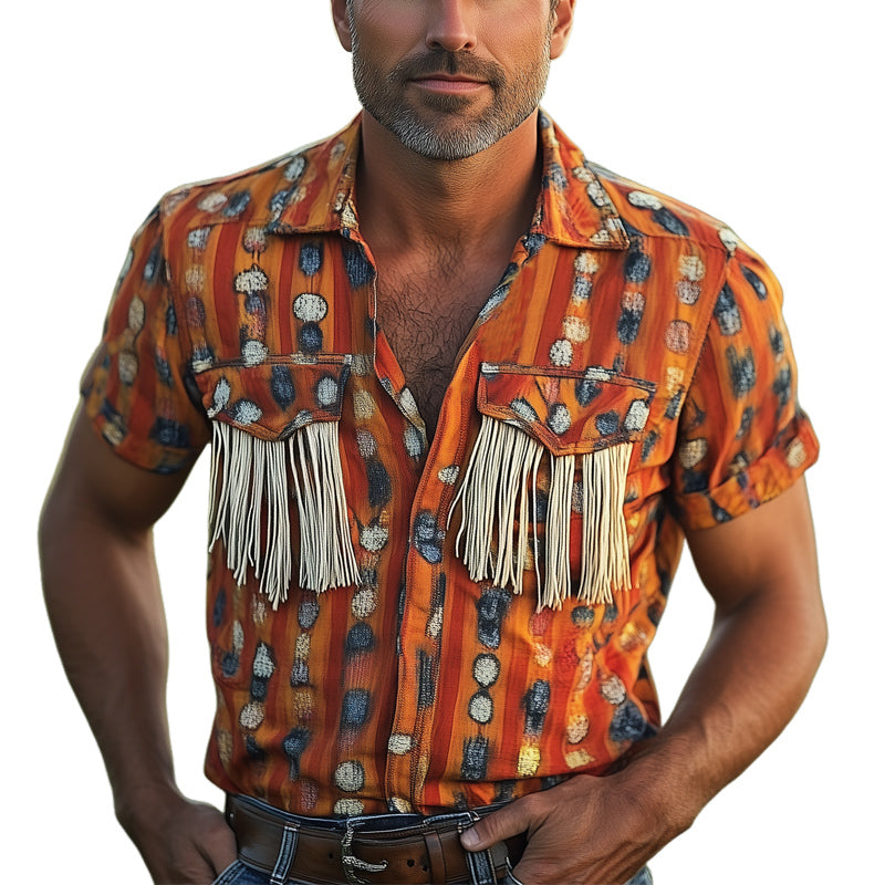 Men's Retro Printed Tassel Short Sleeve Shirt MTA2848D2U