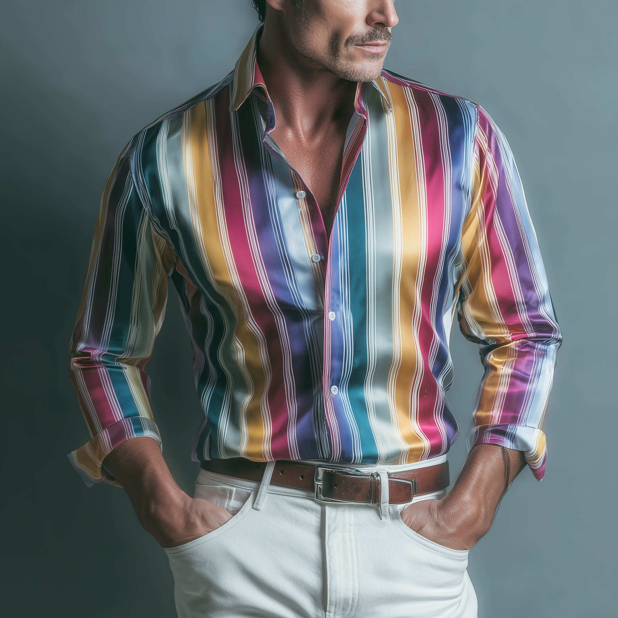 Men's Fashion Casual Satin Color Vertical Stripe Print Slim Fit Long Sleeve Shirt MTA2469G8K