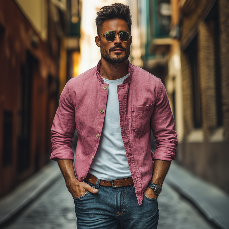 Men's Casual Breathable Cotton Stand Collar Single Breasted Patch Pocket Loose Long Sleeve Shirt MTA0382G4M