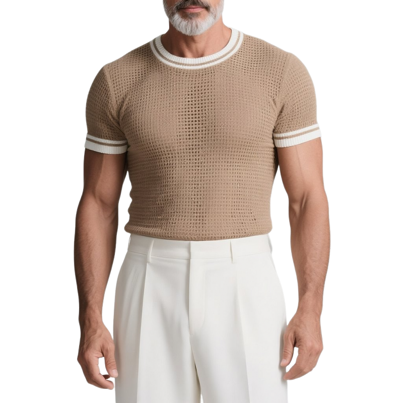 Herre Slim Fit Fargeblokkert Rund Hals Kortermet Strikket T-skjorte MTA0104G7Y