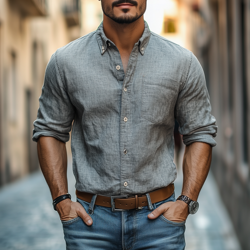 Men's Casual Breathable Cotton Linen Lapel Patch Pocket Slim Fit Long Sleeve Shirt MTA0349G3M