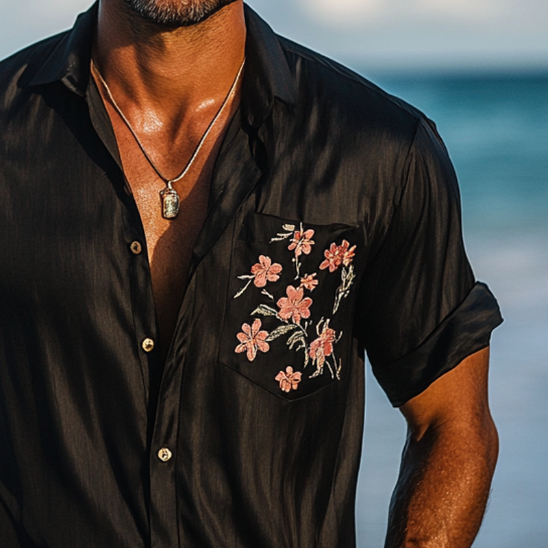Men's Vacation Pocket Print Lapel Short Sleeve Shirt MTA1319F1X
