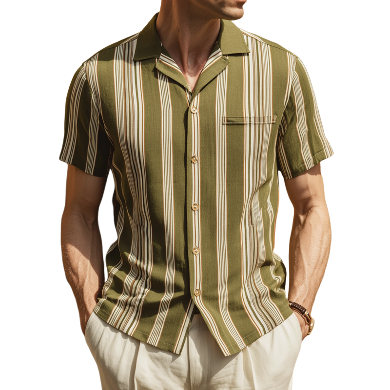 Men's Fashion Breathable Stripe Print Lapel Slim Fit Short Sleeve Shirt MTA0430G6M