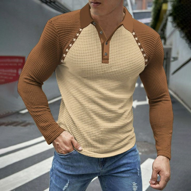 Men's Colorblock Waffle Texture Long Sleeve Polo Shirt MTA0434H9U