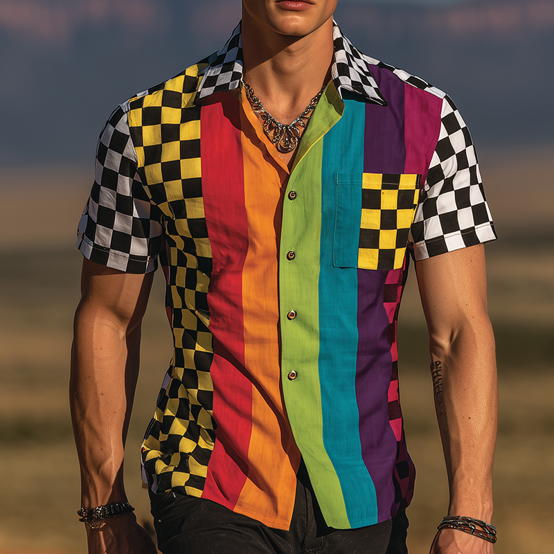 Men's Retro Casual Rainbow Checkerboard Print Lapel Short Sleeve Shirt MTA1865G2TO