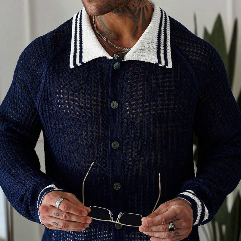 Men's Contrast Loose Lapel Long-sleeved Knitted Shirt 33455755X