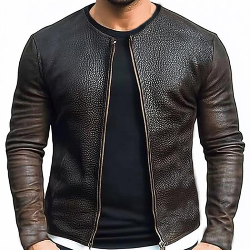 Men's Grainy Zippered Leather Jacket 03634965U