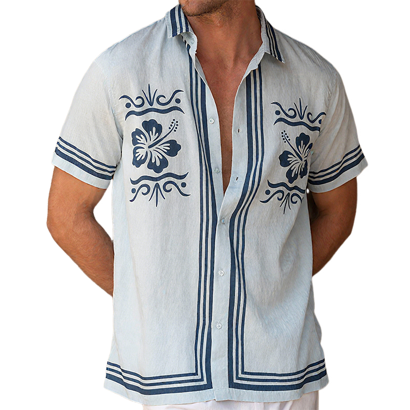 Men's Summer Casual Tencel Cotton Floral Print Lapel Short Sleeve Shirt MTA0233G5K
