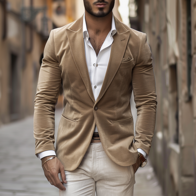 Men's Vintage Elegant Solid Color Corduroy Peak Lapel Single-breasted Slim-fit Blazer MTA3000G4M