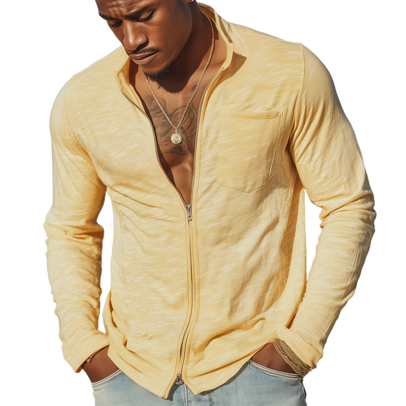 Men's Casual Slub Fabric Stand Collar Zipper Jacket MTA1677G8U