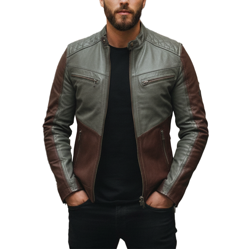 Men's Winter Retro Contrast Color Stitching PU Faux Leather Jacket MTA2182J8P