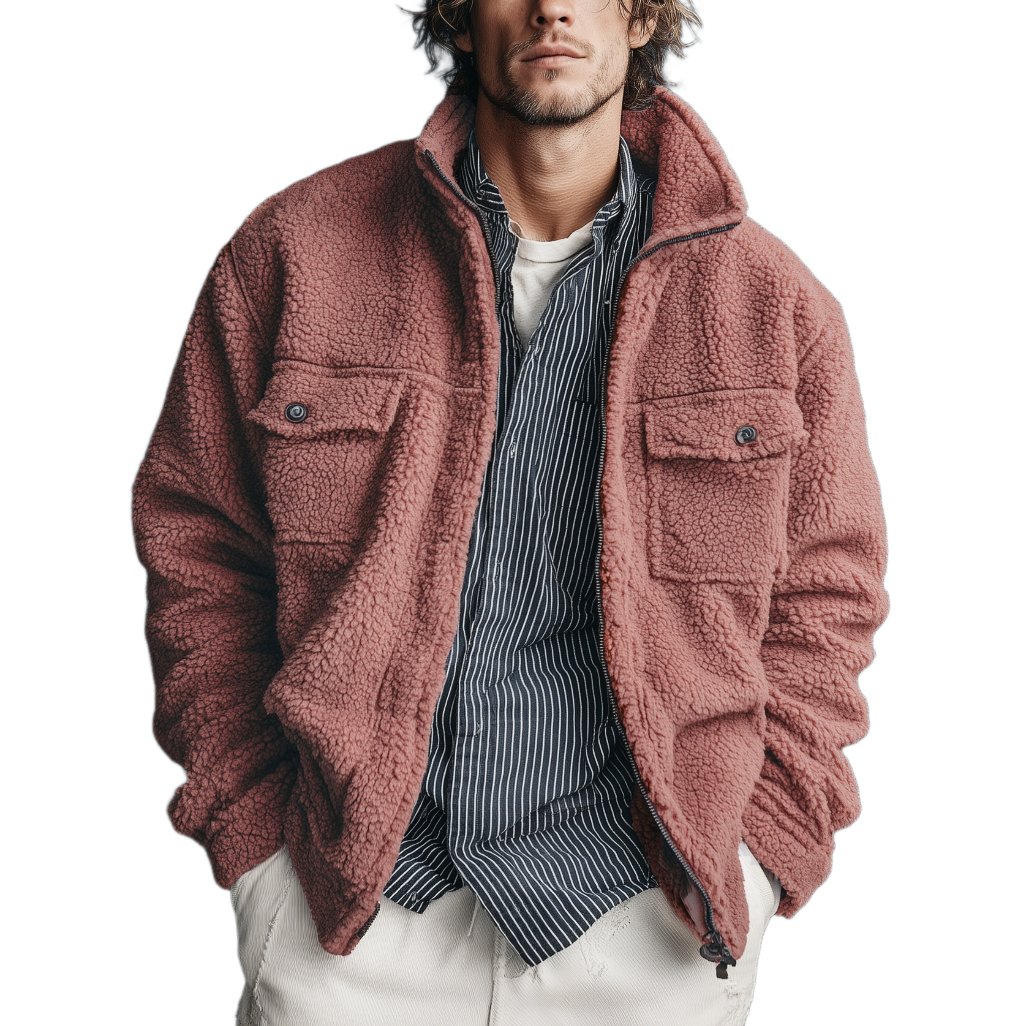 Men's Classic Casual Stand-up Collar Zipper Pink Teddy Fleece Jacket MTA2047J9K