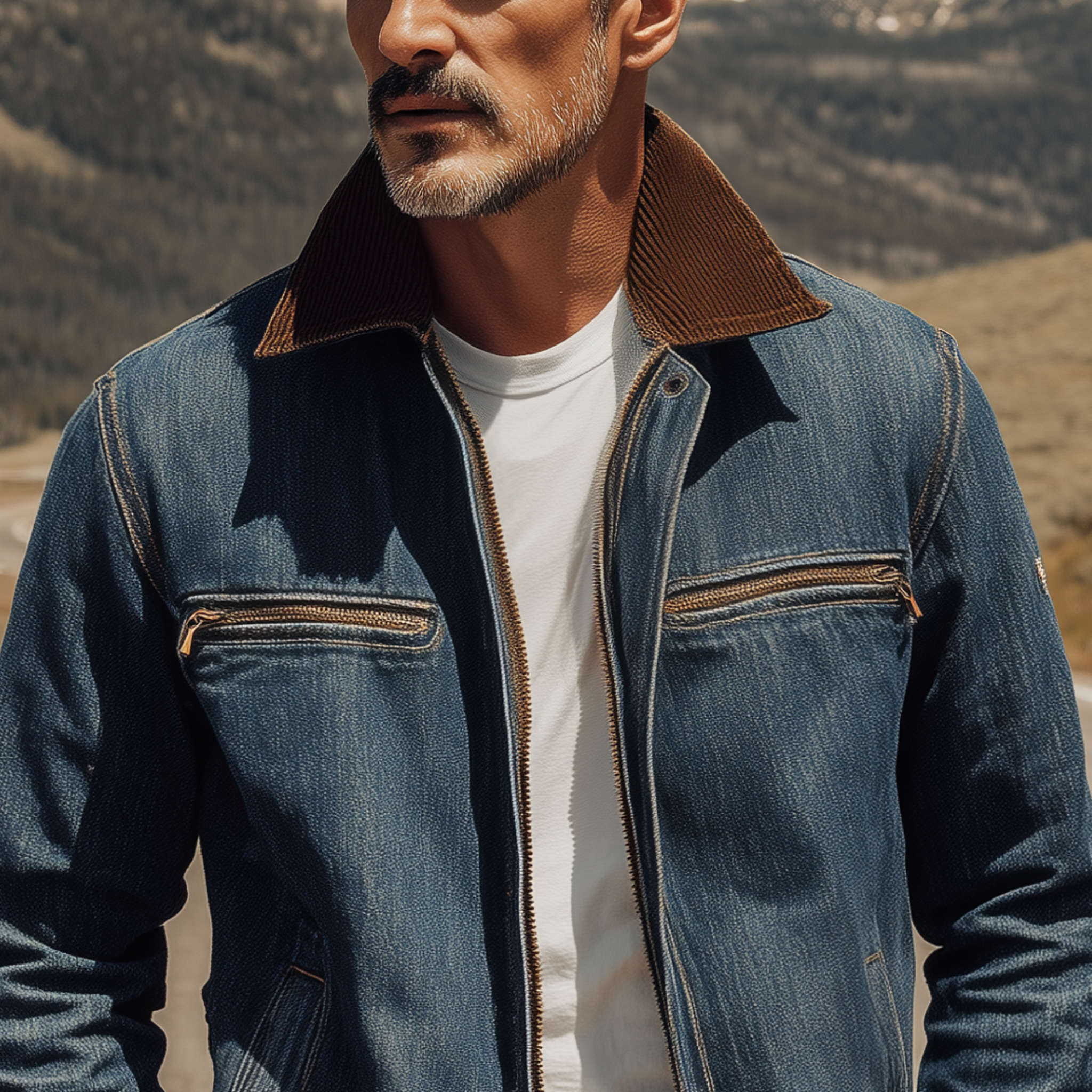 Men's Classic Retro Western Style Corduroy Collar Zipper Denim Washed Jacket MTA0746H7K