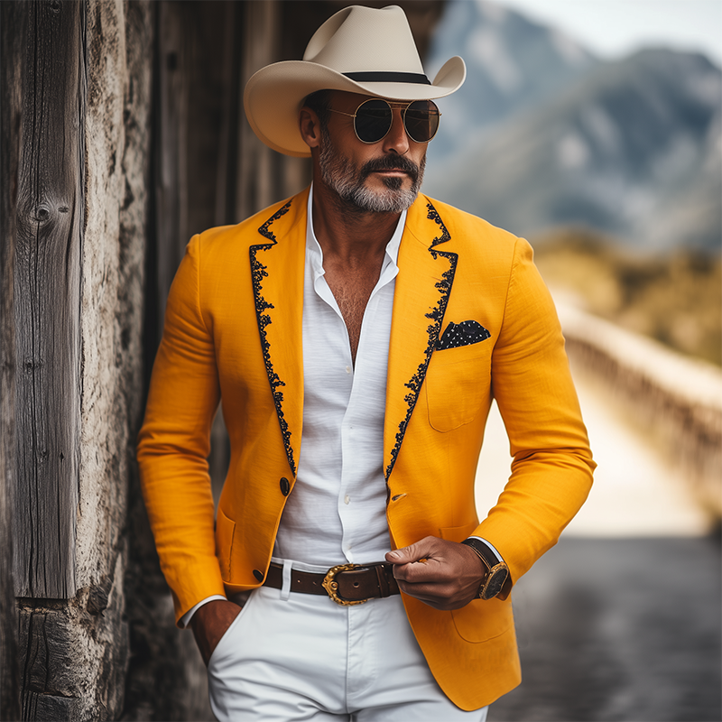 Men's  Spring and Summer Thin Fashion Casual American Retro Western Tough Style Cotton And Linen Embroidery Slim Fit Single-breasted Blazer  MTA1654F6K