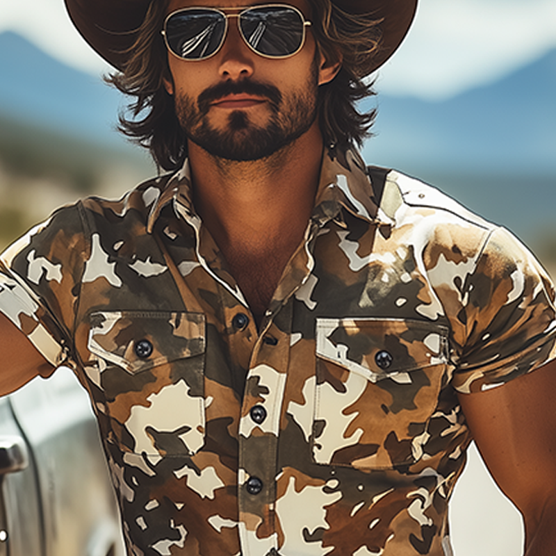 Men's Fashion Casual Western Tough Style Lapel Thin Suede Camouflage Print Slim Short-sleeved Shirt MTA1267F1K