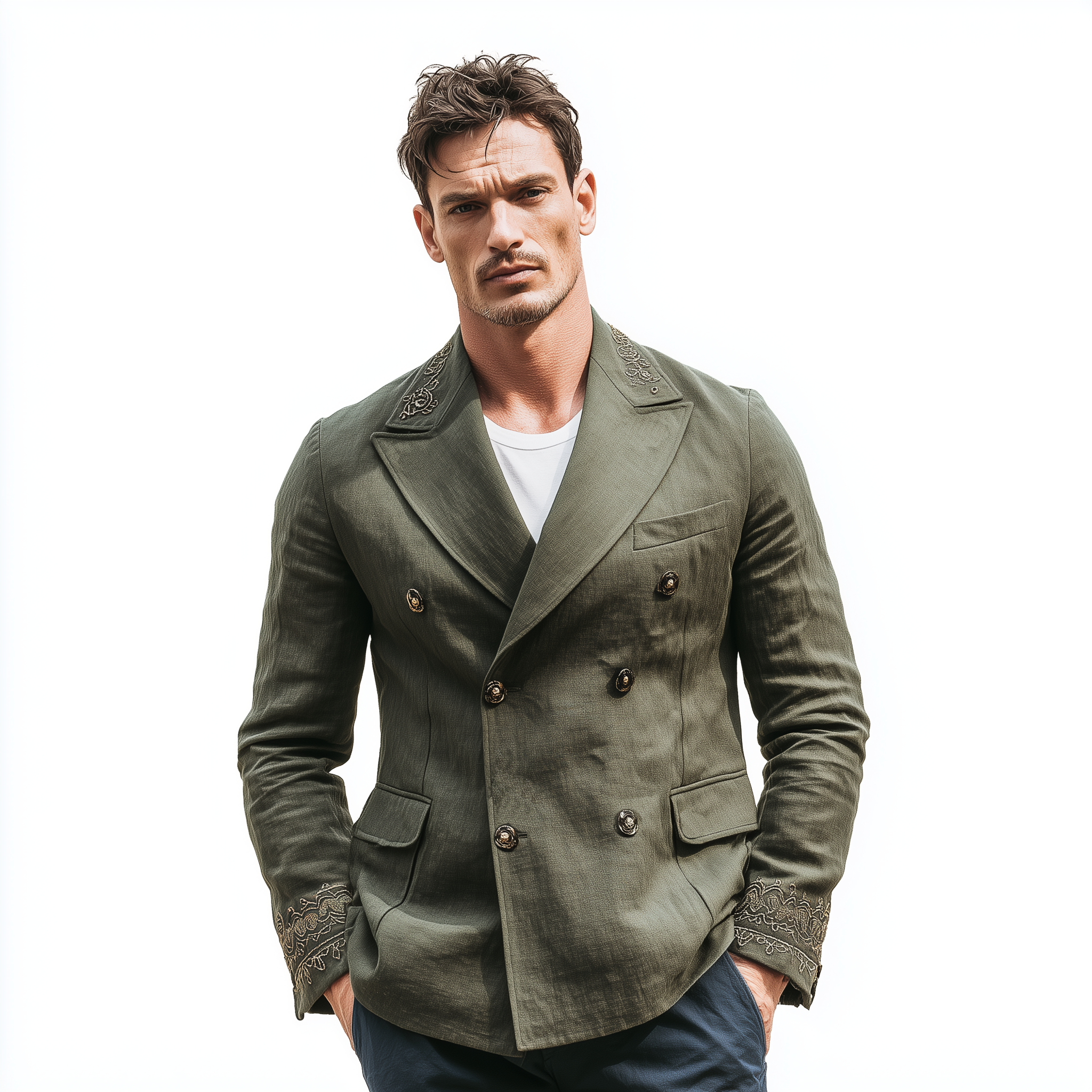 Men's Classic Vintage Cotton And Linen Blend Embroidered Double-breasted Slim-fit Blazer MTA0227H7K