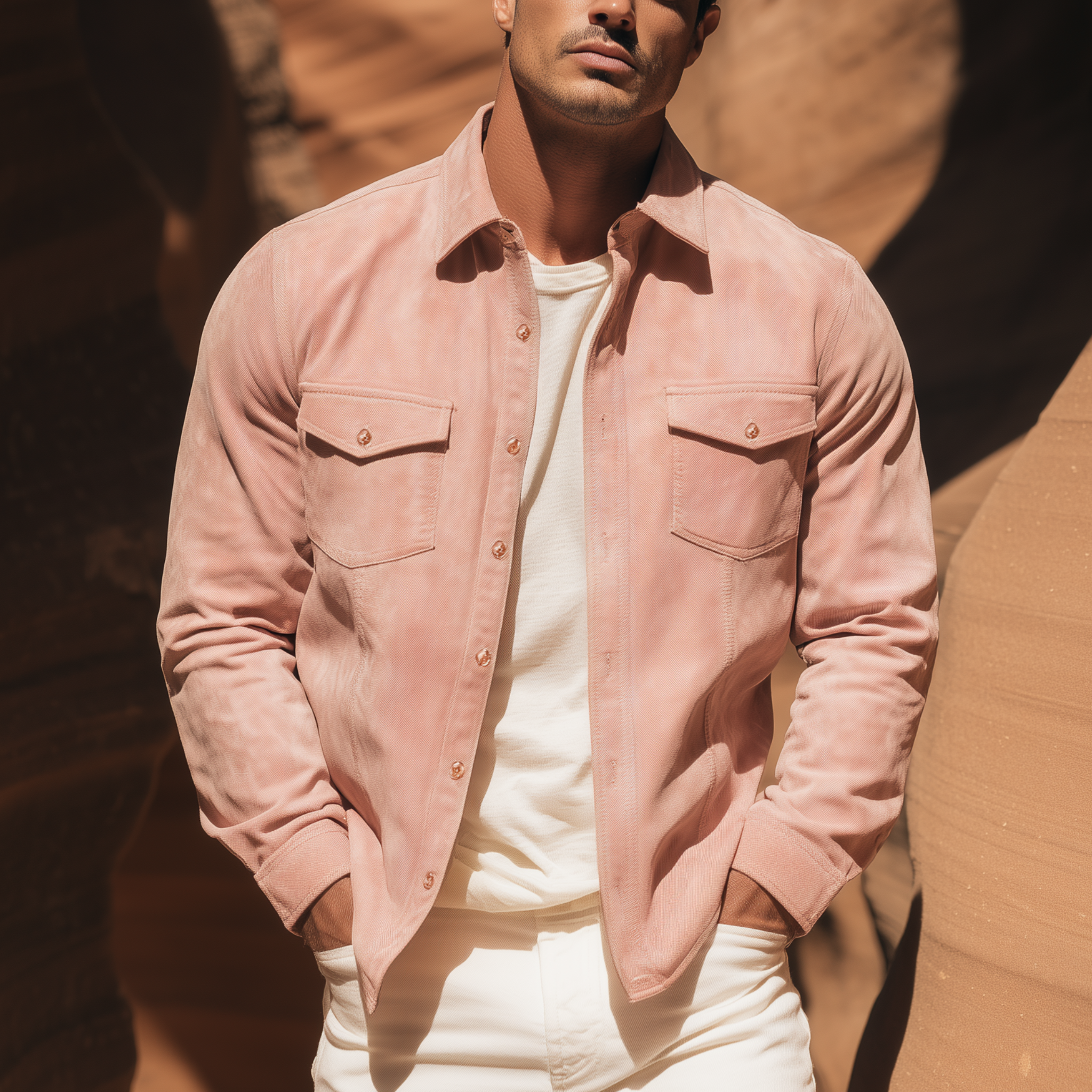 Men's Classic Casual Pink Suede Slim-fit Long-sleeved Shirt MTA2251H4K