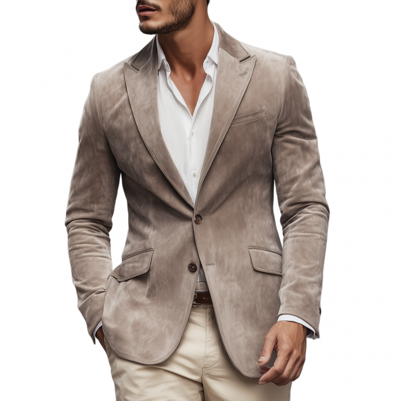 Men's Vintage Elegant Solid Color Faux Suede Peaked Lapel Single-Breasted Slim-Fit Blazer MTA3010G4M