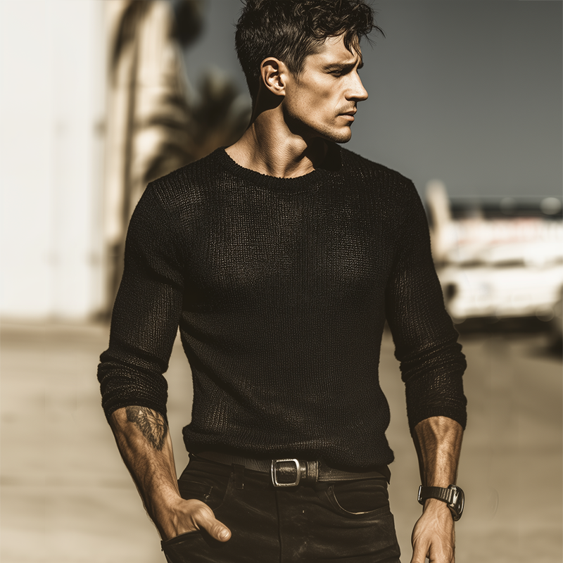 Men's Retro Casual Solid Color Knit Crew Neck Sweater MTZ1226A0TO