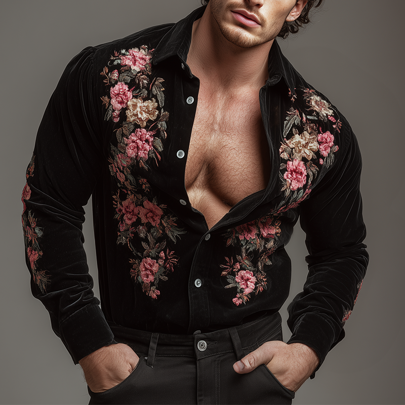 Men's Retro Casual Velvet Embroidered Lapel Long Sleeve Shirt MTA0464H8TO