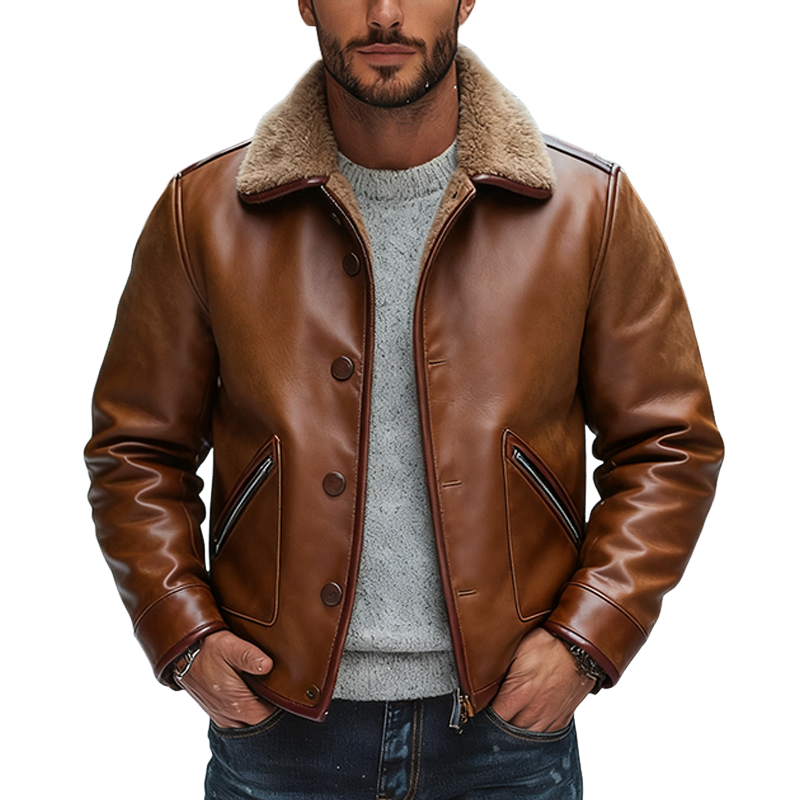 Men's Retro PU Solid Color Zipper Splicing Lapel Polar Fleece Jacket MTA2271J3X