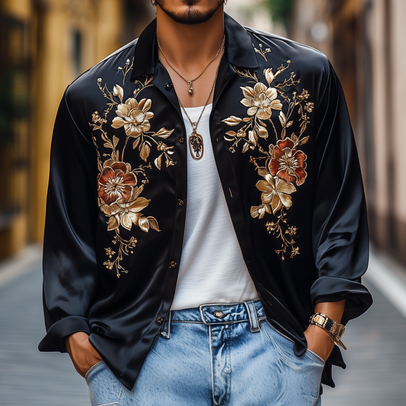Men's Vintage Flower Embroidery Elegant Solid Satin Lapel Loose Long Sleeve Shirt MTA1976G3M