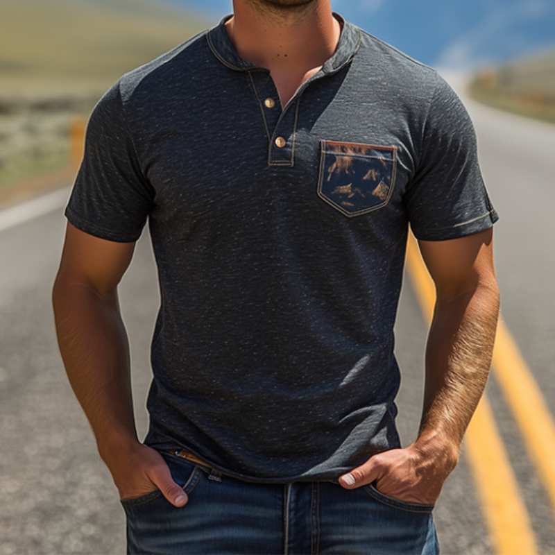 Men's Classic Vintage Yellowstone Park Series Henley Collar Cotton T-Shirt 35225610K