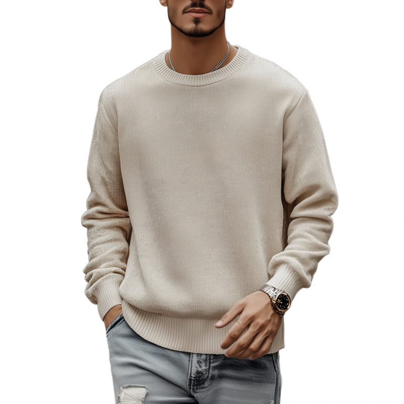 Men's Casual Breathable Solid Color Round Neck Loose Long Sleeve Knitted Sweater MTA3154G7M