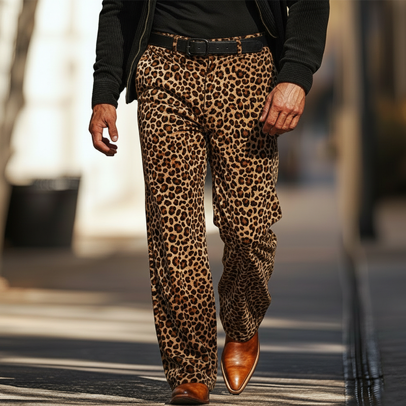 Men's Vintage Leopard Print Velvet Casual Trousers (belt Not Included) MTA2901L0P