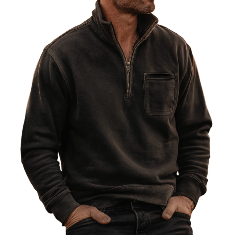 Men's Retro Casual Western Style Cotton Washed Zipper Neck Sweatshirt MTA2171H5TO