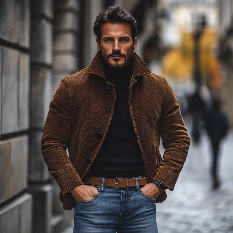 Men's Vintage Casual Solid Color Corduroy Lapel Single-Breasted Loose Work Jacket MTA1865H3M