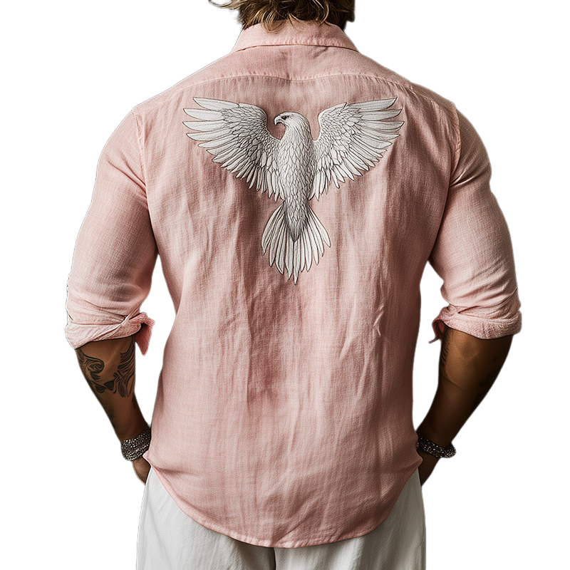 Men's Vintage Eagle Embroidery Casual Linen Lapel Pocket Long Sleeve Shirt 56620814TO