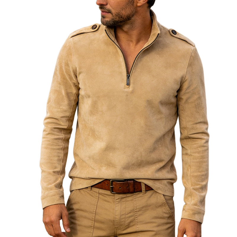 Men's Retro Casual Faux Suede Zipper Stand Collar Long-Sleeve T-Shirt MTA1138L9TO