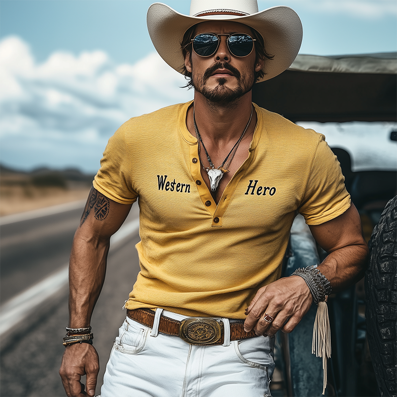 Men's Spring And Summer Fashion Casual Western Cowboy Style Slim Stretch Knitted Henley Collar Flocking Letter Print Short-sleeved T-shirt MTA1920E3K