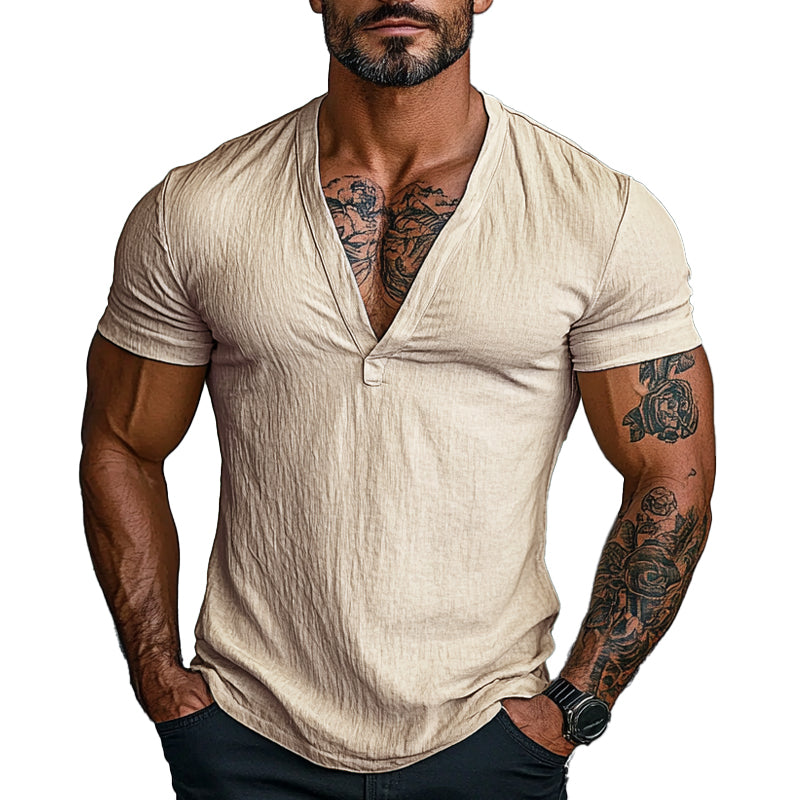 Men's Solid Color V-neck Short-sleeved Cotton T-shirt 42809952X