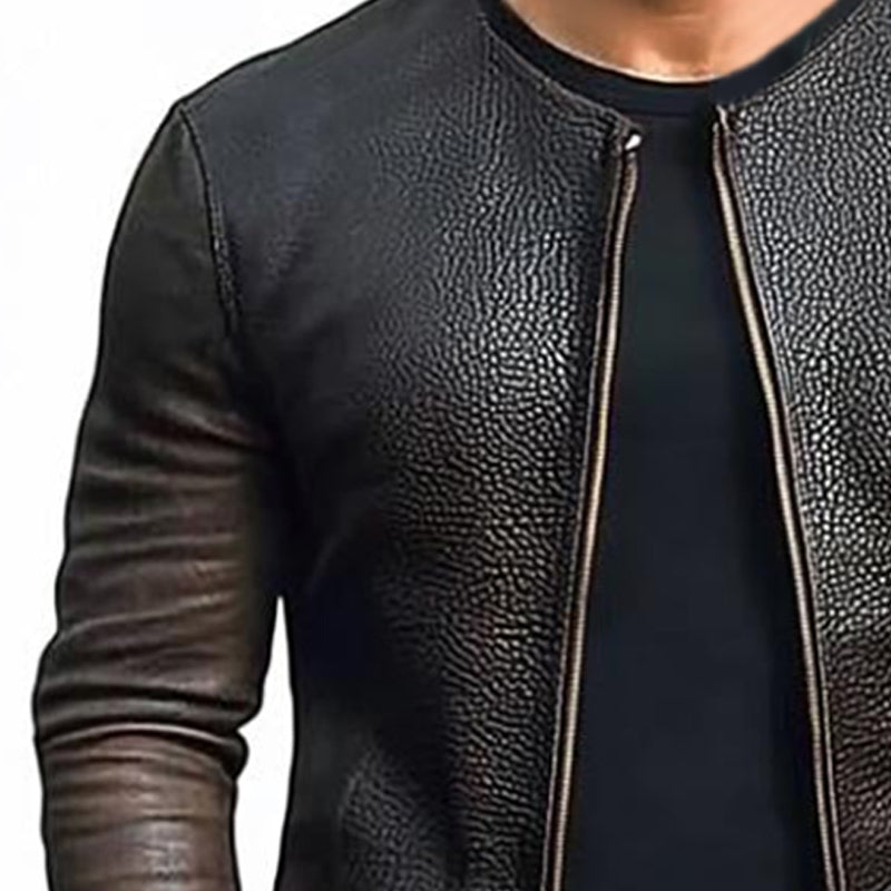 Men's Grainy Zippered Leather Jacket 03634965U