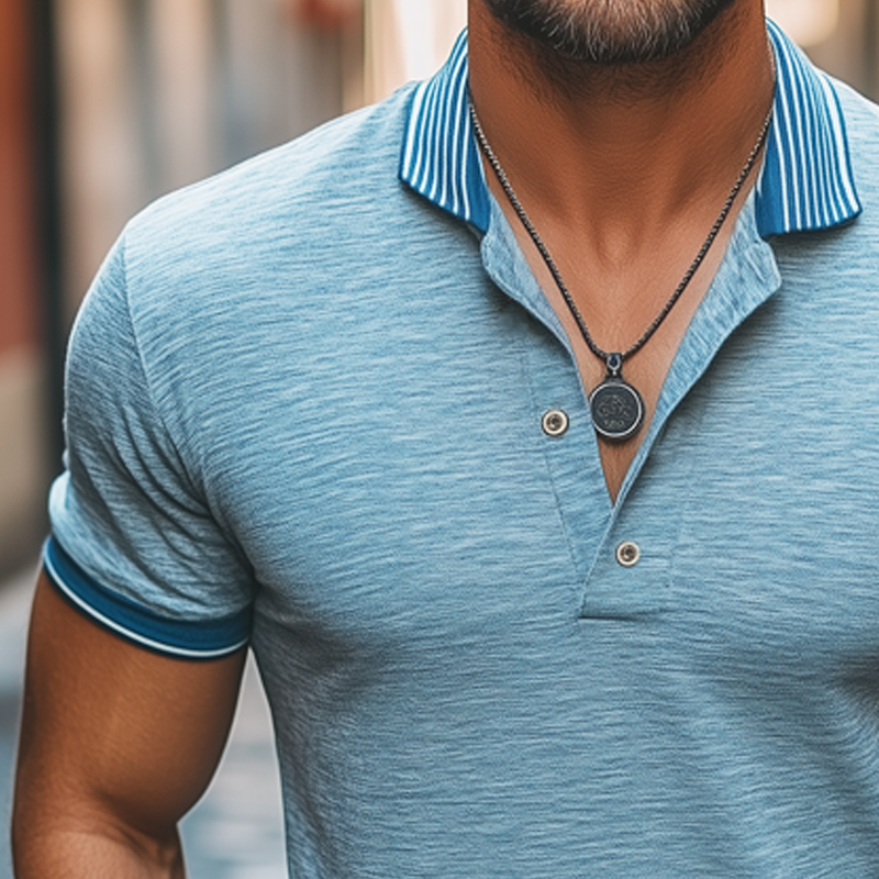 Men's Business Cotton Horizontal Stripe Polo Neck Short Sleeve T-Shirt MTA1914G5U